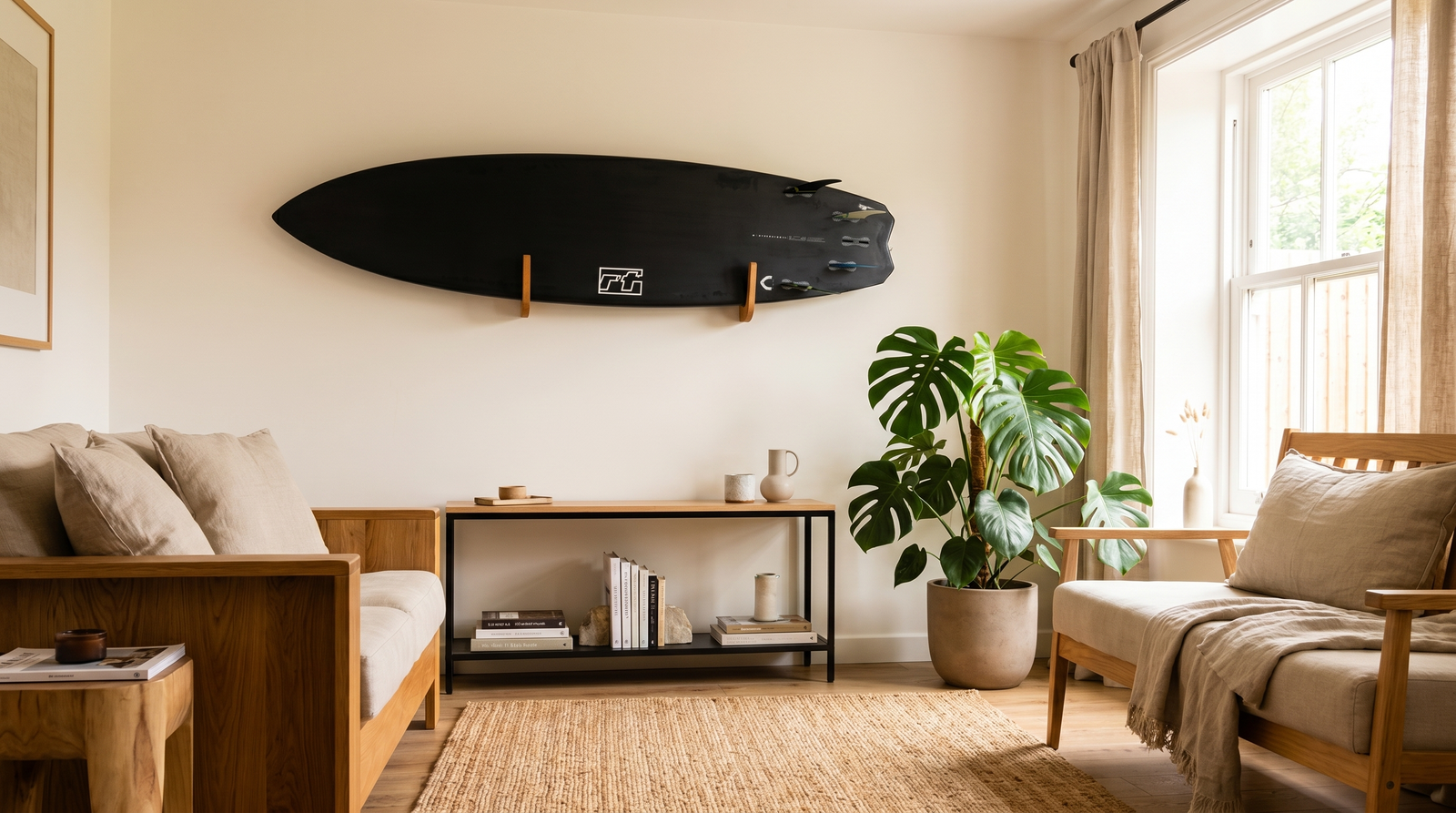 Surfboard stored vertically on an oak wall mount in a small apartment