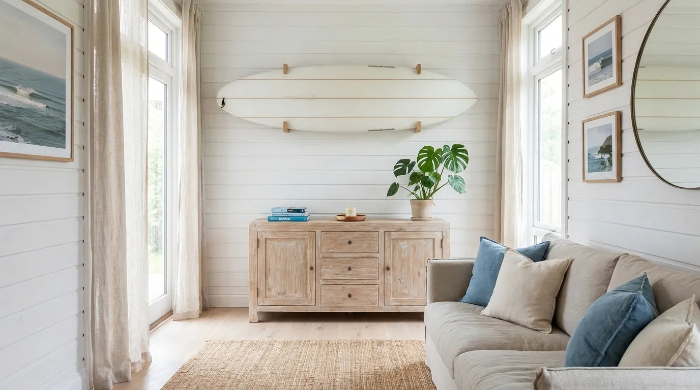 Surf-inspired home decor with a surfboard on an oak wall mount