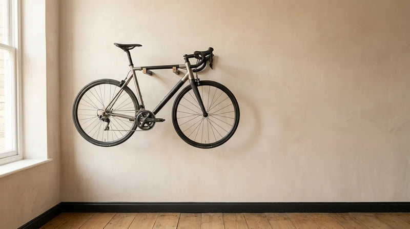 Vertical and horizontal oak bike wall mounts compared on a wall