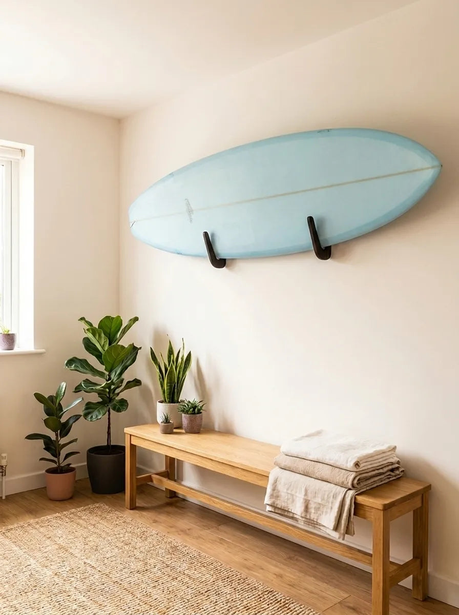 Black-tinted oak Rack and Ride surfboard wall rack holding a board like artwork against the wall