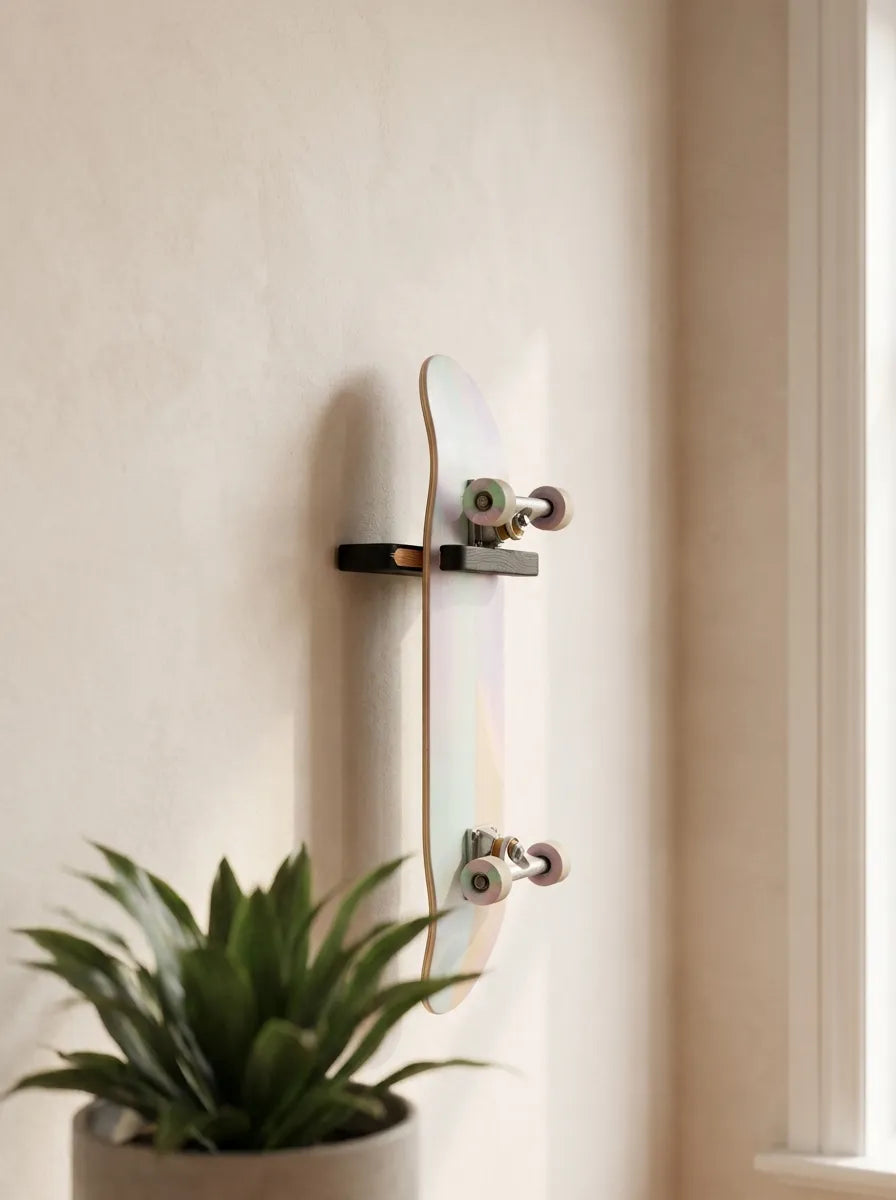 Black-tinted oak mount holding a skateboard by the trucks with the printed graphic facing the room