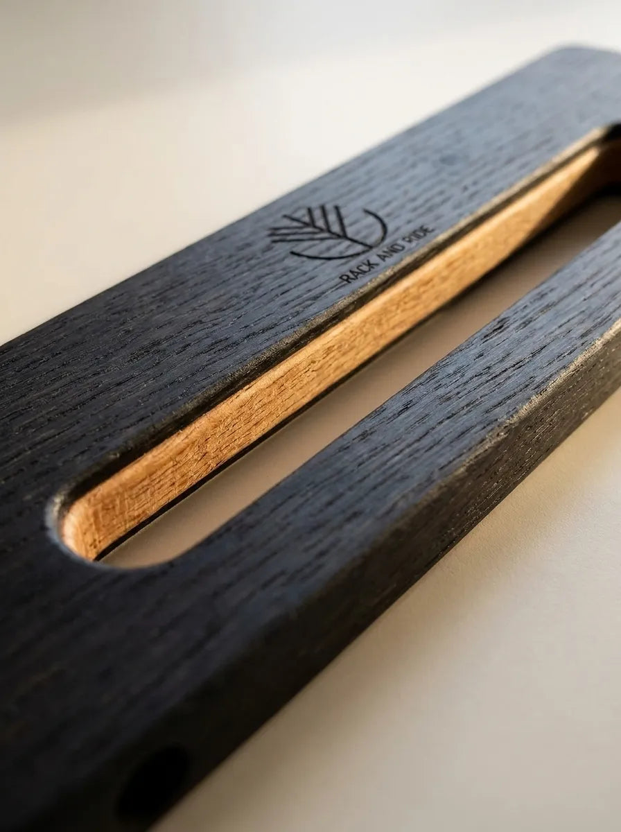 Close-up of the hand-tinted black oak finish of a Rack and Ride vertical skateboard wall mount