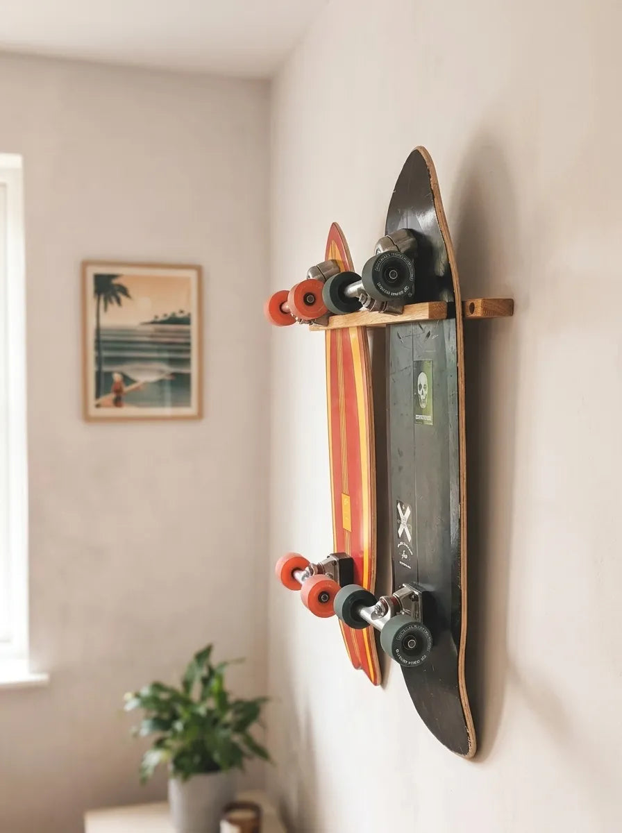 Dos skates expuestos uno al lado del otro en un soporte de pared vertical doble de roble Rack and Ride