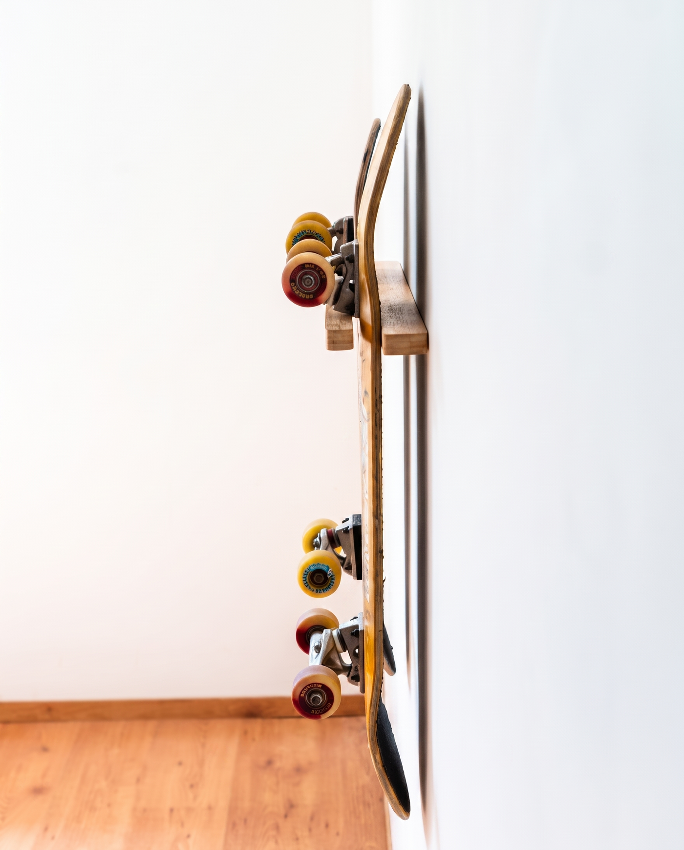 Bamboo double vertical skateboard wall mount mounted empty on a white wall