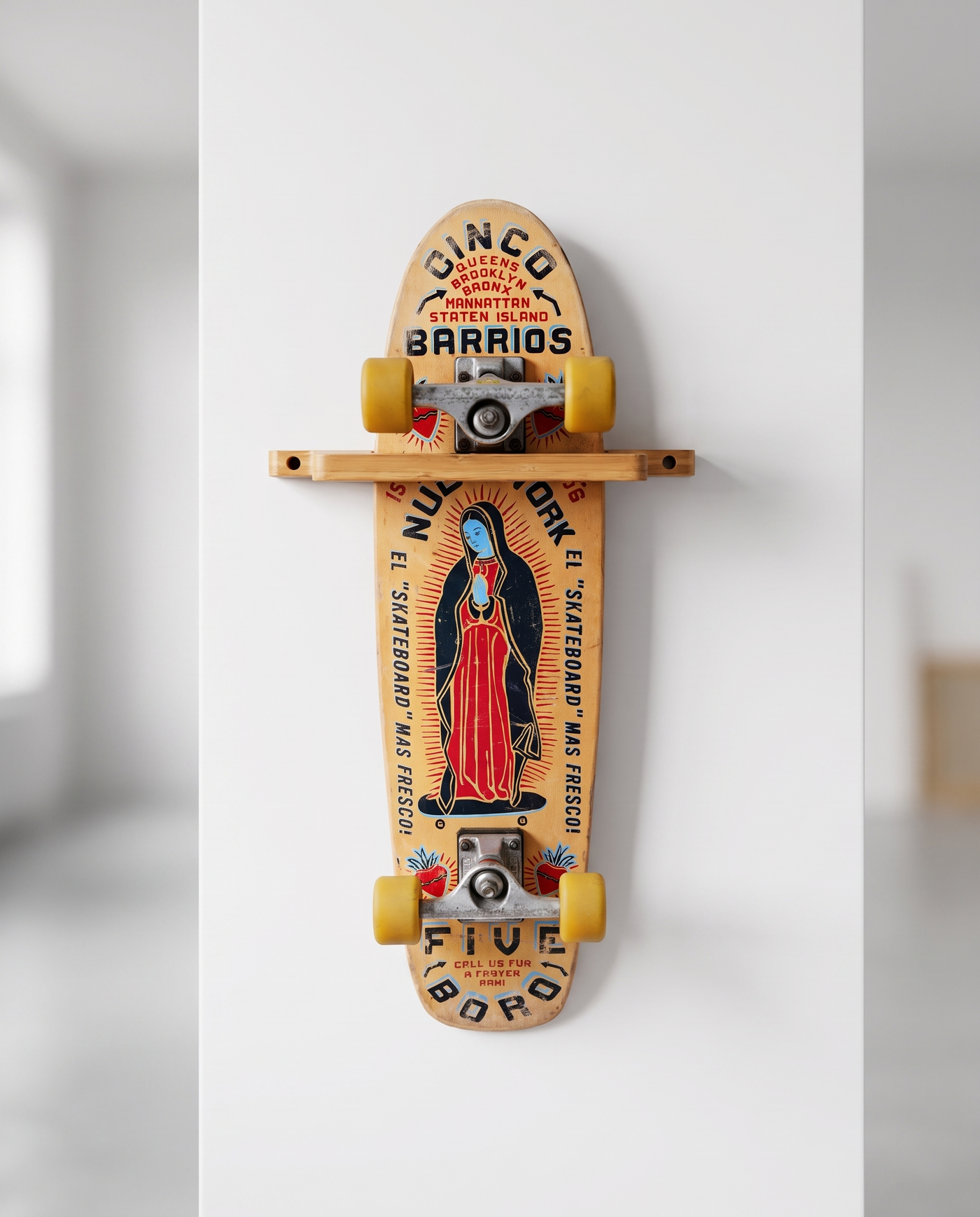 Close-up of the bamboo grain on the vertical skateboard wall mount