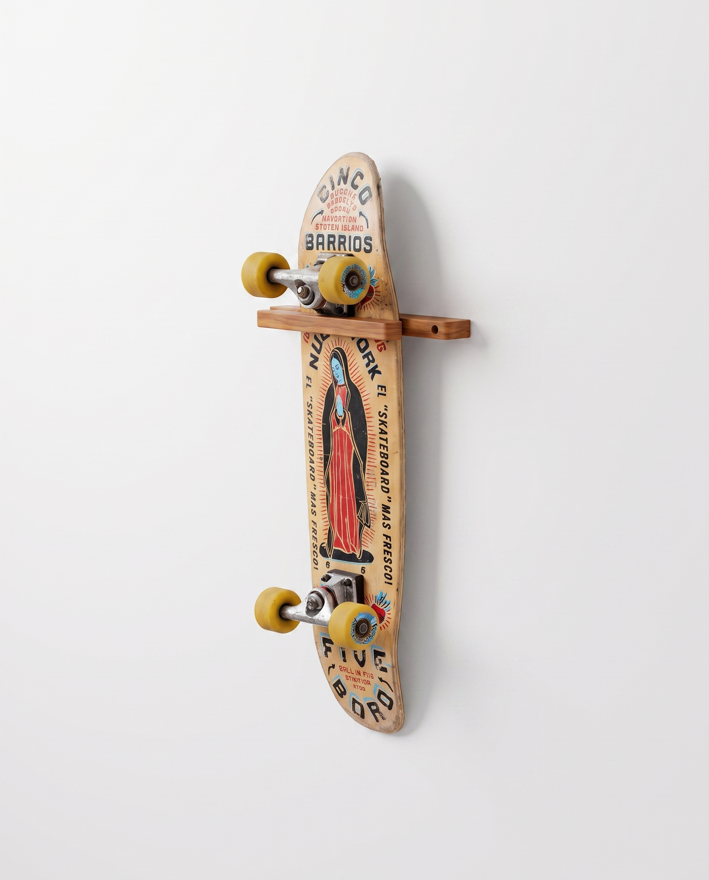 Bamboo vertical skateboard wall mount holding a skateboard by its trucks