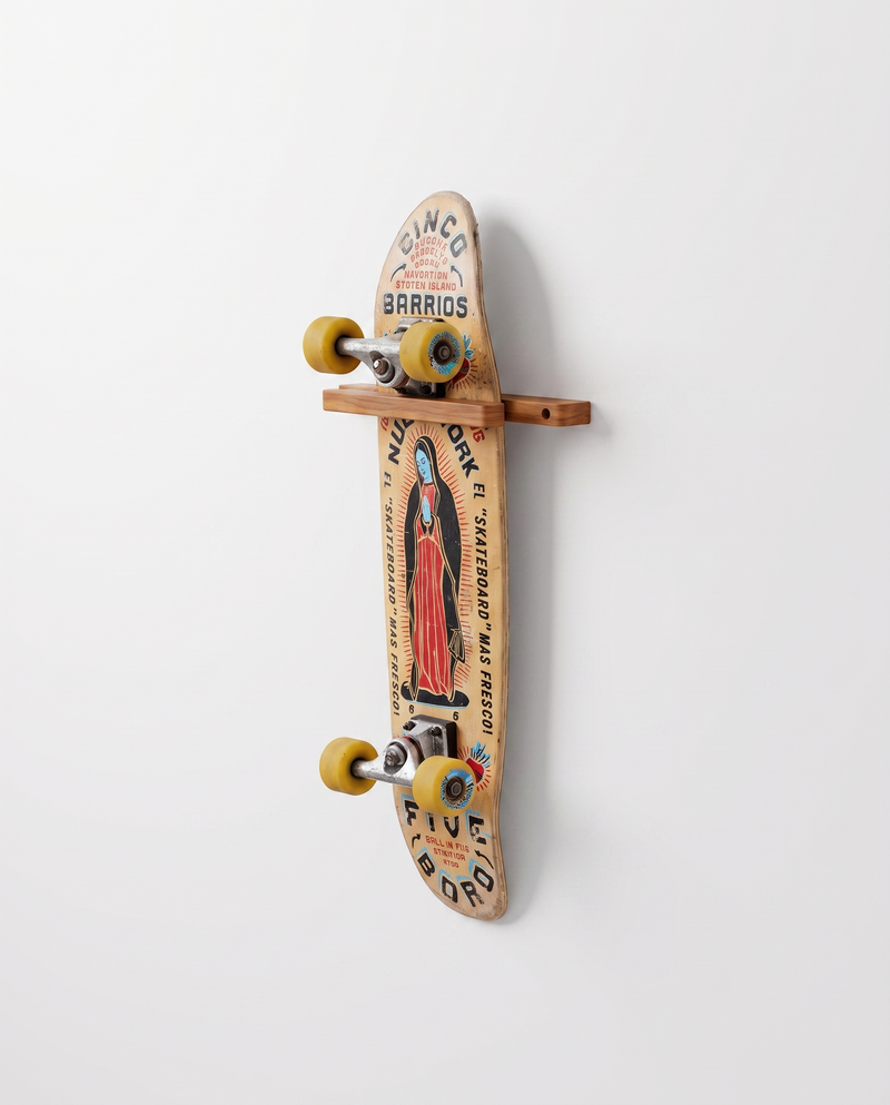 Bamboo vertical skateboard wall mount holding a skateboard by its trucks