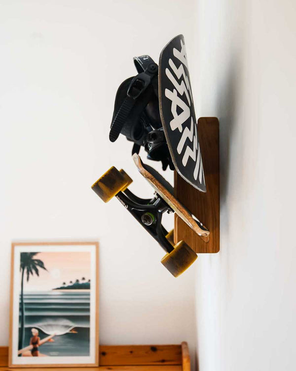 Rack and Ride double boardsport wall rack in oak holding two boards
