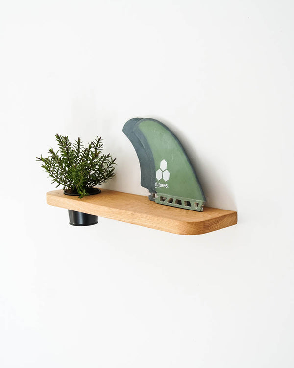 Oak floating plant shelf holding a plant with an open ledge on a wall