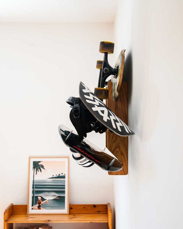 Rack and Ride triple boardsport wall rack in oak holding three boards