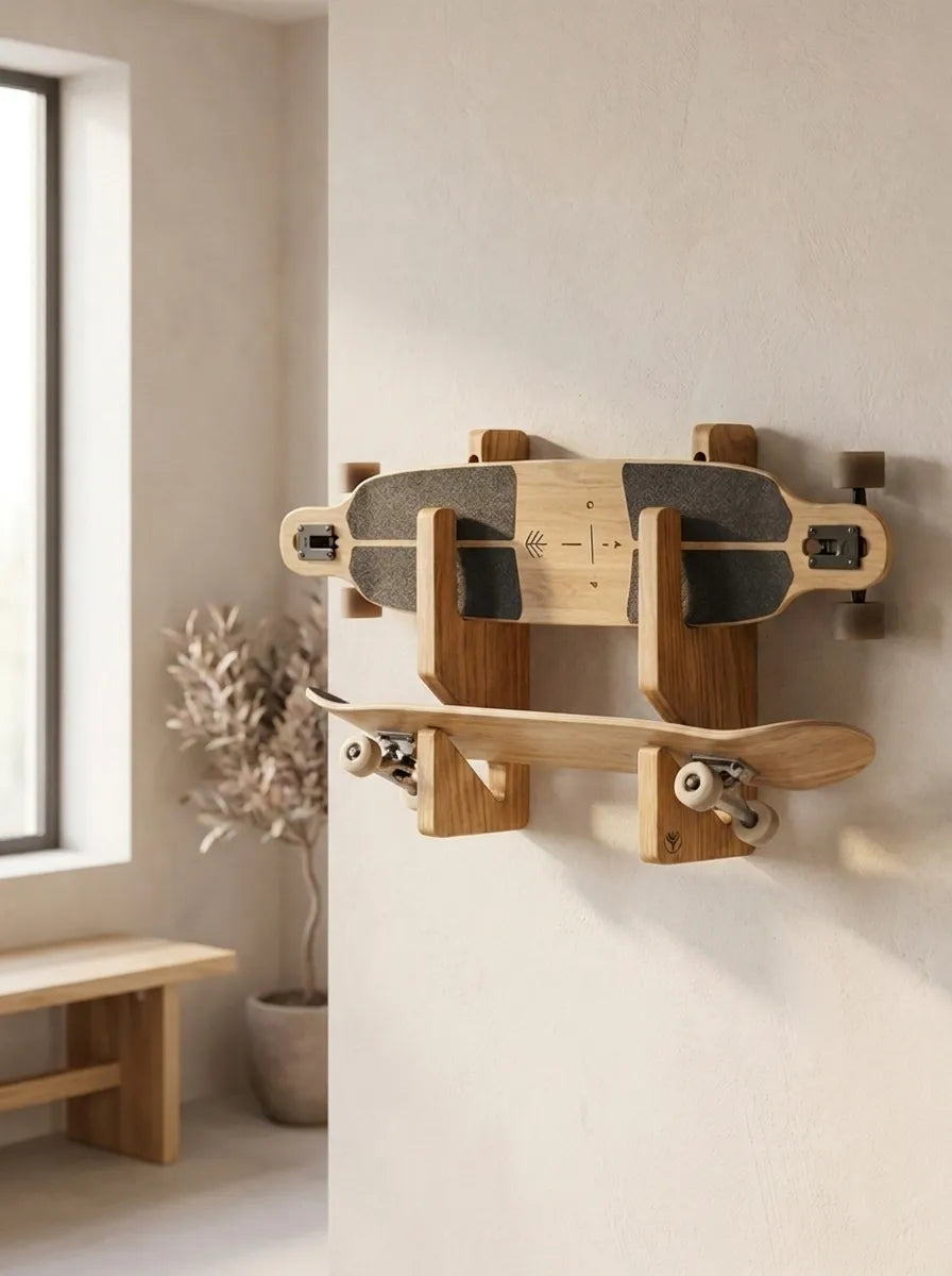Soporte de pared boardsport doble Rack and Ride que sujeta dos tablas, una en vertical y otra a 45°