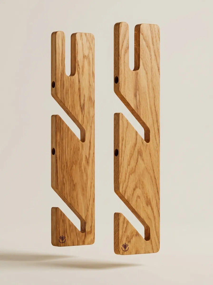 Oak triple boardsport rack mixing a skateboard, a snowboard and other boards on one wall