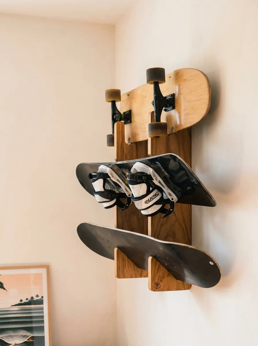 Rack and Ride triple boardsport wall rack displaying three boards, one vertical and two at 45 degrees